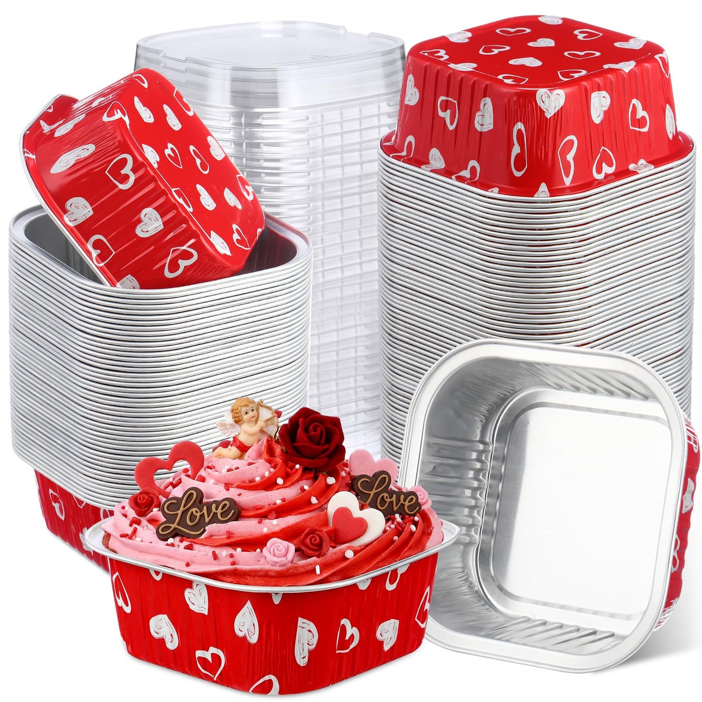 Jingmore 100 Pcs Heart Square Baking Pans with Lids 10oz Aluminum Foil Disposable Cupcake Cake Pans Baking Cups Individual Tin Dessert Containers for Wedding Birthday Party(Heart,Red)