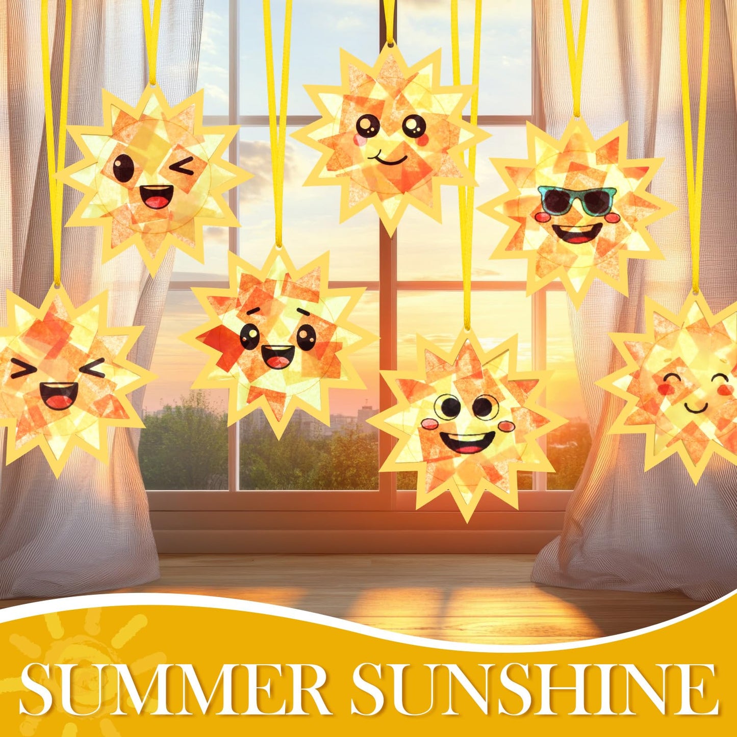 AmazingSpark 30 Pcs Sun Suncatchers Paper Craft Spring Sun Face DIY Stained Glass Effect Tissue Paper Kits Gift Bulk for Summer Sunshine Activities Art Party Decor