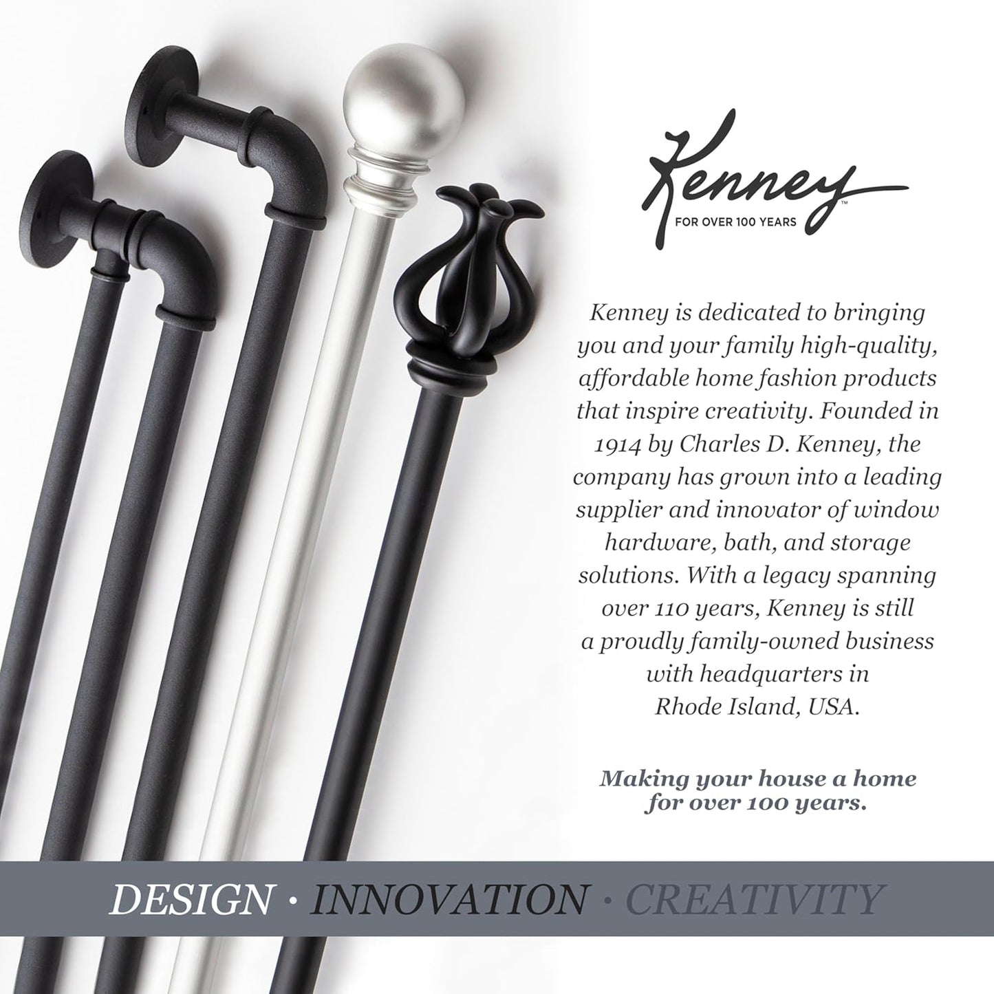 Kenney Kiera Crown Adjustable Curtain Rod, 28 to 48 Inches, Extendable Set, Matte Black
