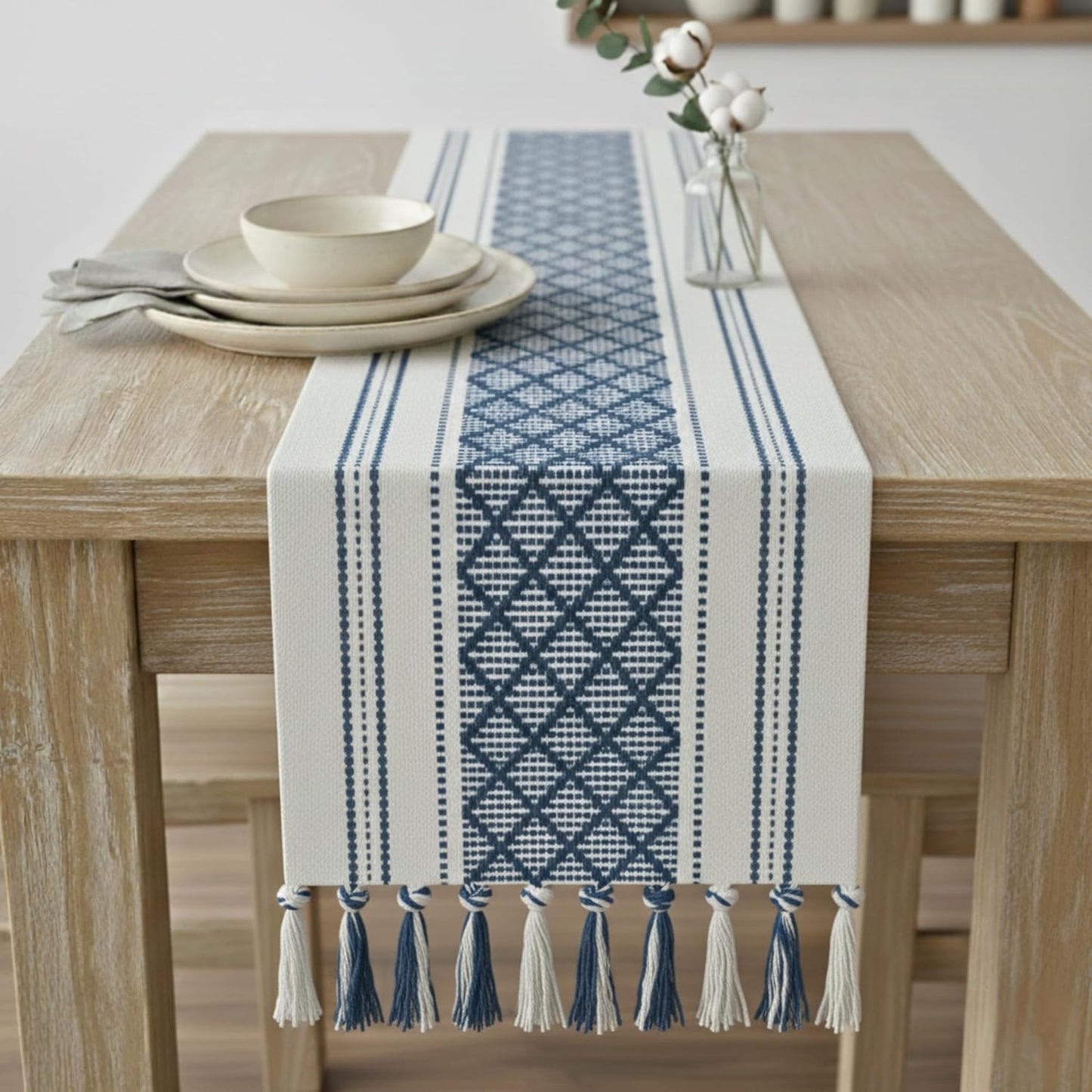 14 72 Inches, Boho Table Runner with Tassel x Blue & Cream, Woven Washable Dresser Scarf and Topper for Bedroom