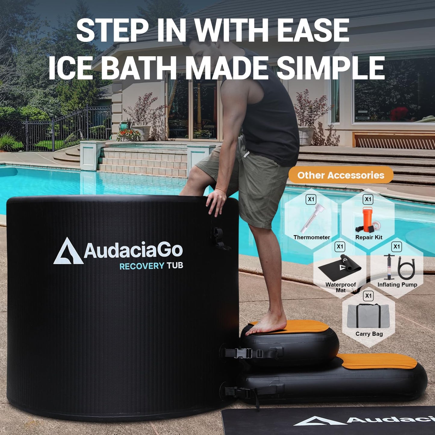 XXL Ice Bath Tub for Athletes, Compatible with Water Chillers, 186-Gallon Inflatable Cold Plunge Tub with Insulated Lid, Step, Thermometer, Water-Absorbent Mat, Portable for Outdoor & Indoor Recovery