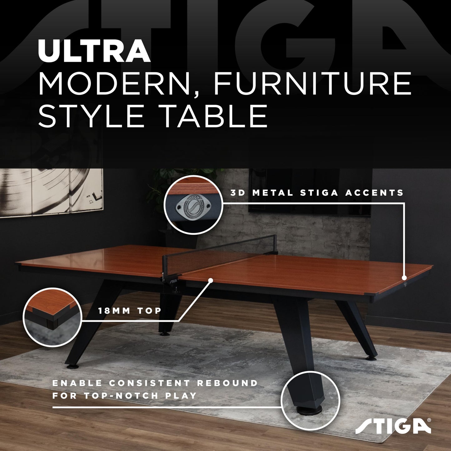 STIGA Ultra Indoor Table Tennis Table – 18mm Woodgrain Ping Pong Table with Steel Frame, Tournament Net & Post, Adjustable Leg Levelers, Modern Furniture-Style Design