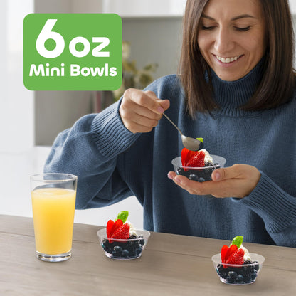 JoyServe Clear Mini Plastic Bowls - (Bulk 100 Pack) 6 Oz Disposable Premium Hard Plastic Dessert Bowls for Serving, Weddings, Catering, Parties, Salsa, Home or Event Party Supplies