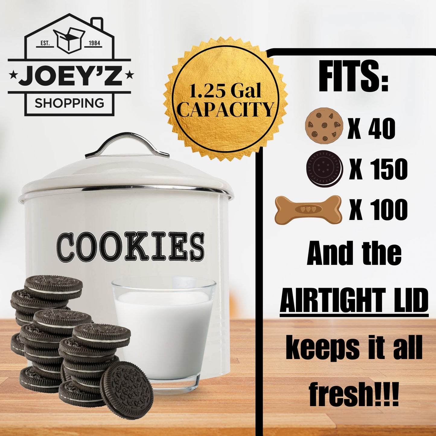 JOEY'Z Large 1.25 Gallon Airtight Cookie Jar with Lid - Large Cookie Jars with Lids, Ivory Counter Decorative - Makes a Great Dog Treat Jar