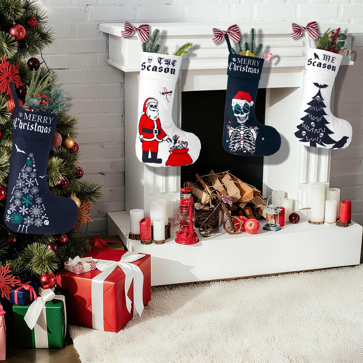 Kinlop 6 Pcs Black and White Gothic Christmas Stocking 17 Inches Goth Xmas Stockings Skeleton Hand Santa Claus Hanging Ornament for Christmas Tree Candy Gift Storage Bags Holiday Fireplace Party Decor