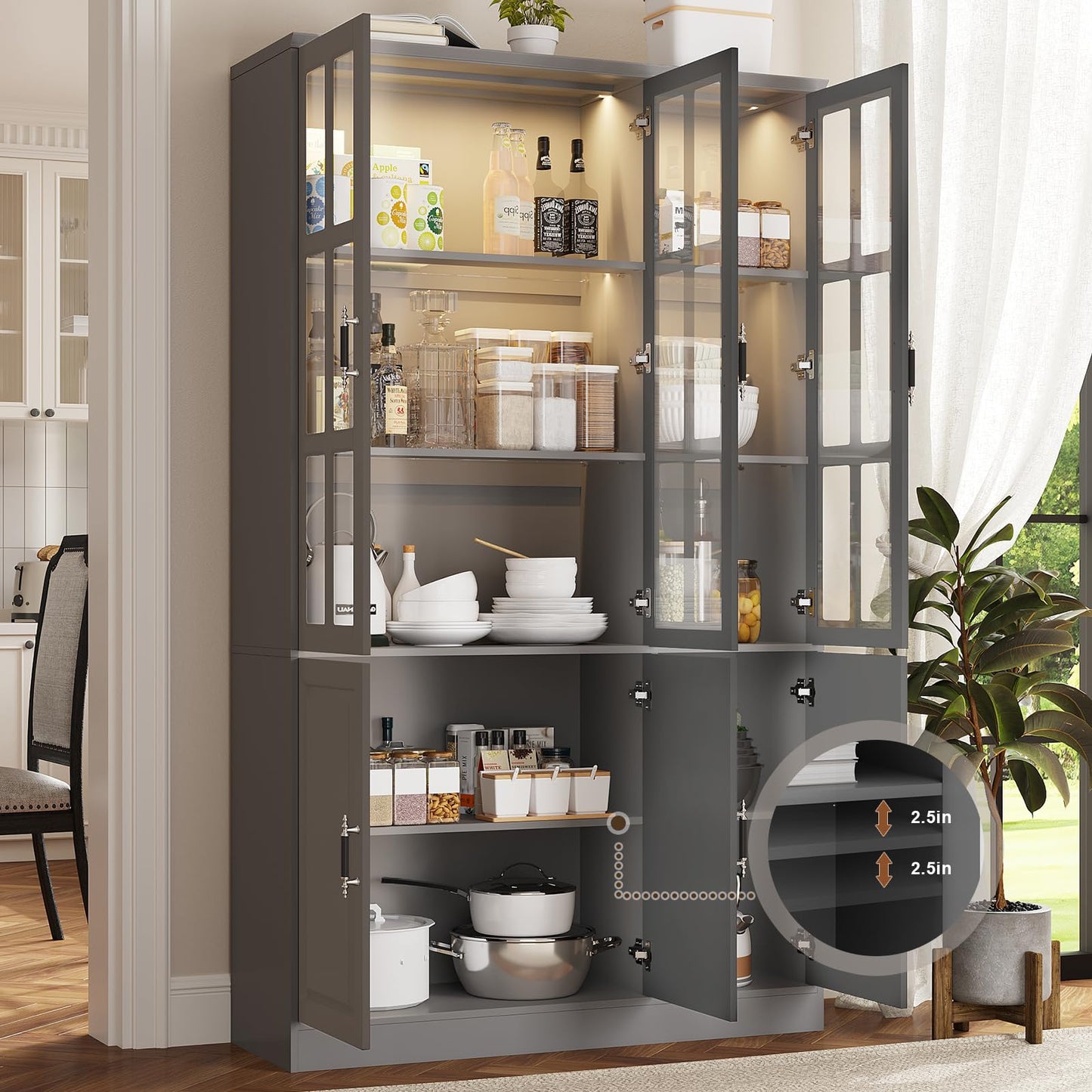 MEISSALIVVE 78.7" Tall Pantry Cabinet with LED Lights, Freestanding Kitchen Pantry with Glass Doors, Large Food Storage Cabinet, Grey (47.2" W x 15.7" D)