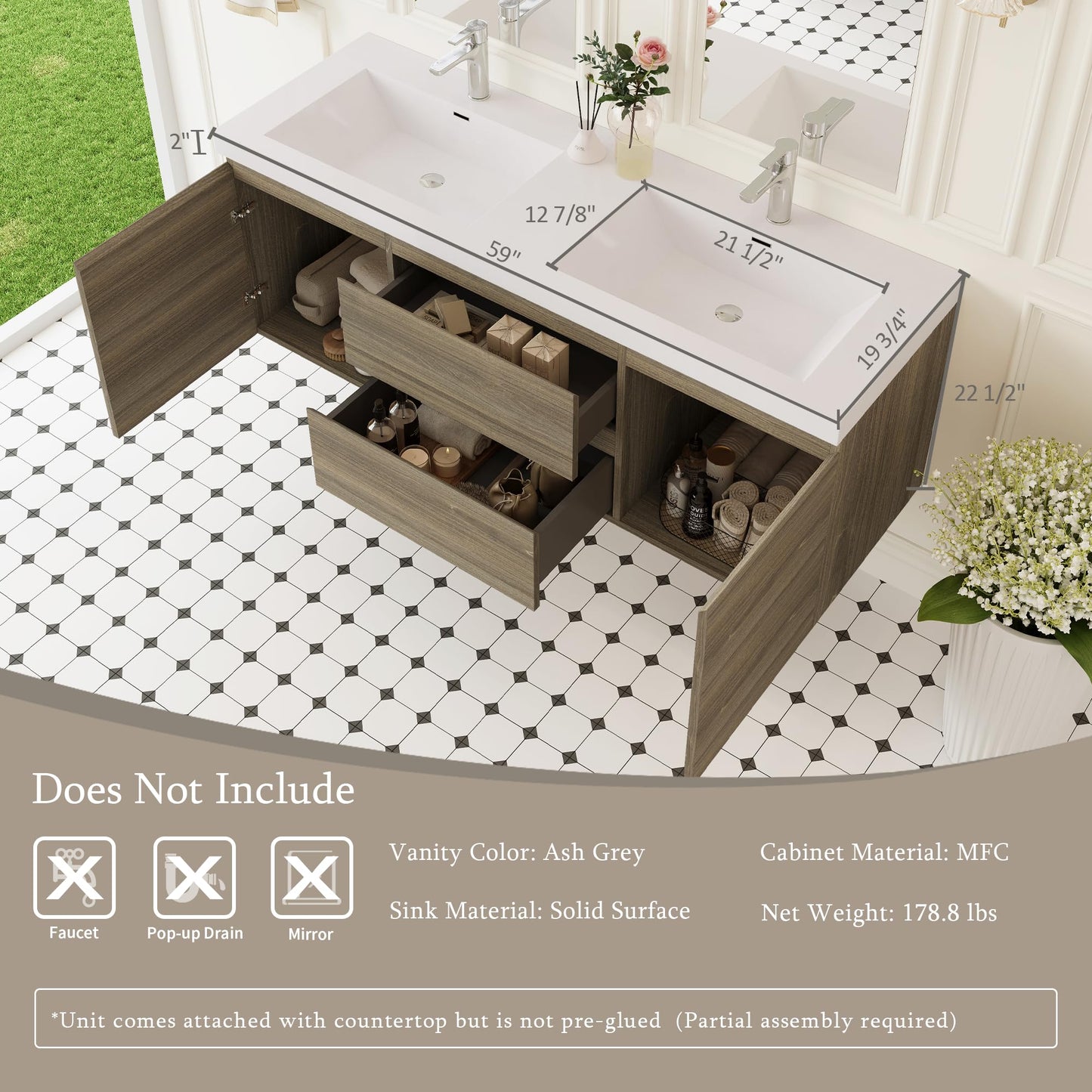 KEIKI 60'' Wall-Mounted Bathroom Vanity with Double Sinks - Floating Design, 2 Soft-Close Drawers & Doors & Resin Basin, Space-Saving for Small Bathrooms, Ash Grey