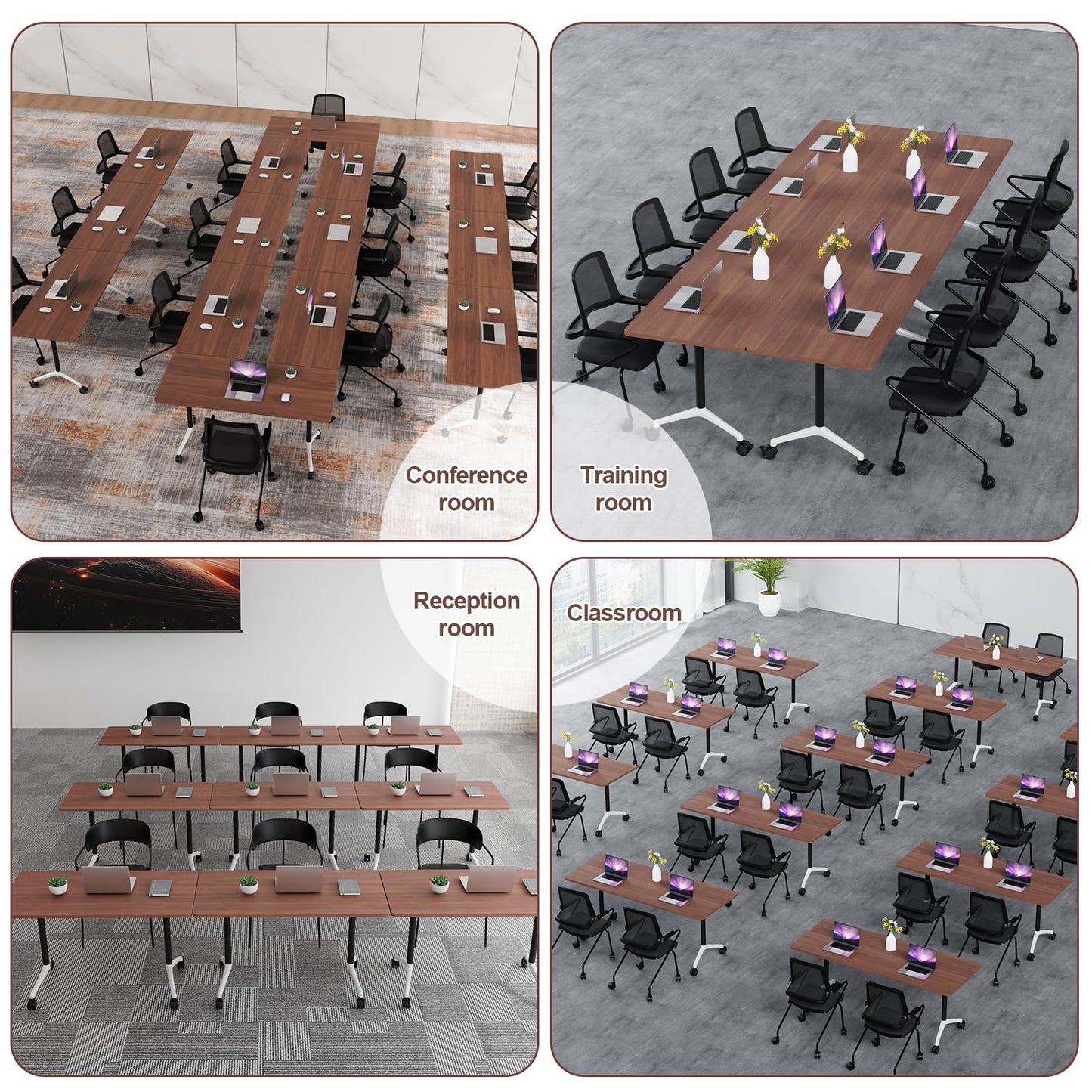 robwibw 63INCH Folding Conference Table On Wheels, 6 Pack Modular Walnut Rolling Conference Room Tables for 8-16 Person Training Table for Office Classroom(6, Walnut, 63 INCH)