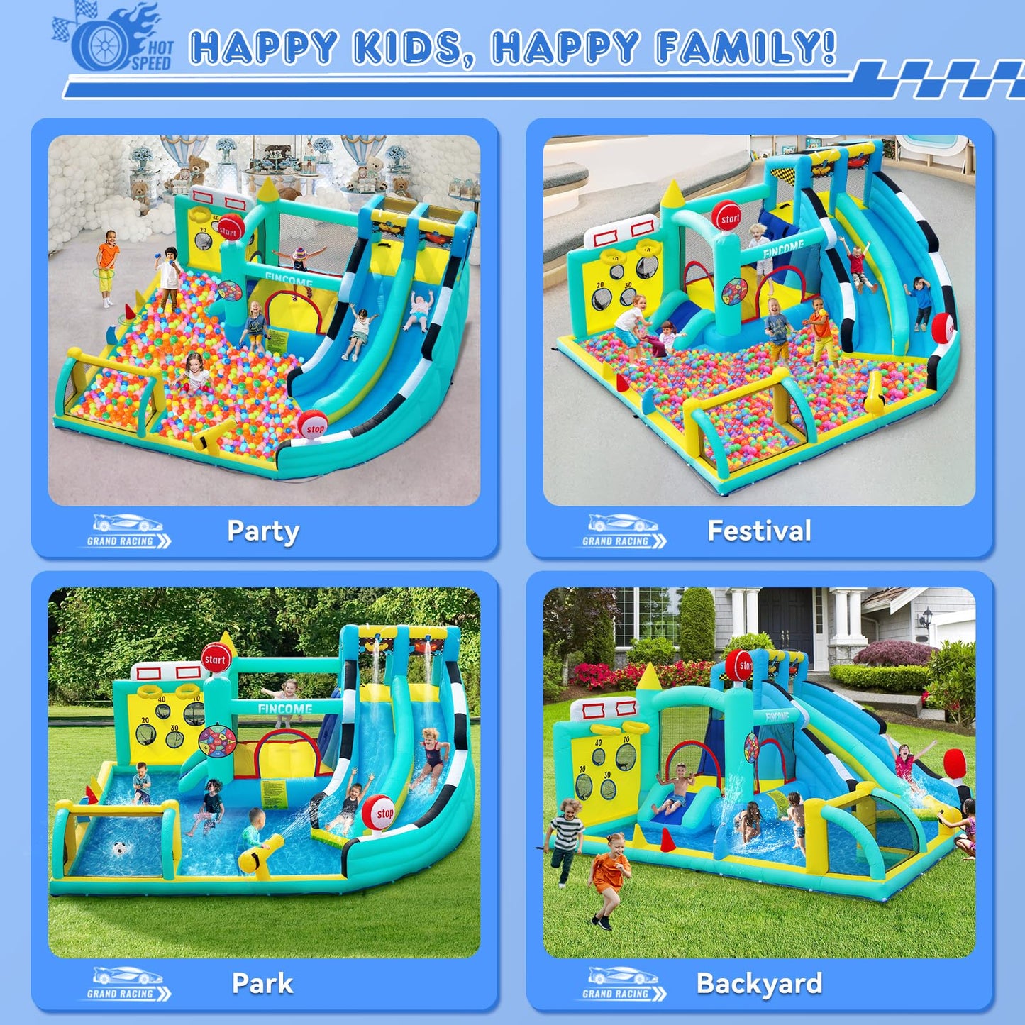 FINCOME Bounce House Double Slides for Kids 3-10, Large Bounce Castle with Air Blower 550W, Pool, Jumping, Climbing, Balls, Ring Toss, Inflatable Water Park for Birthday Party Holiday Outdoor Indoor