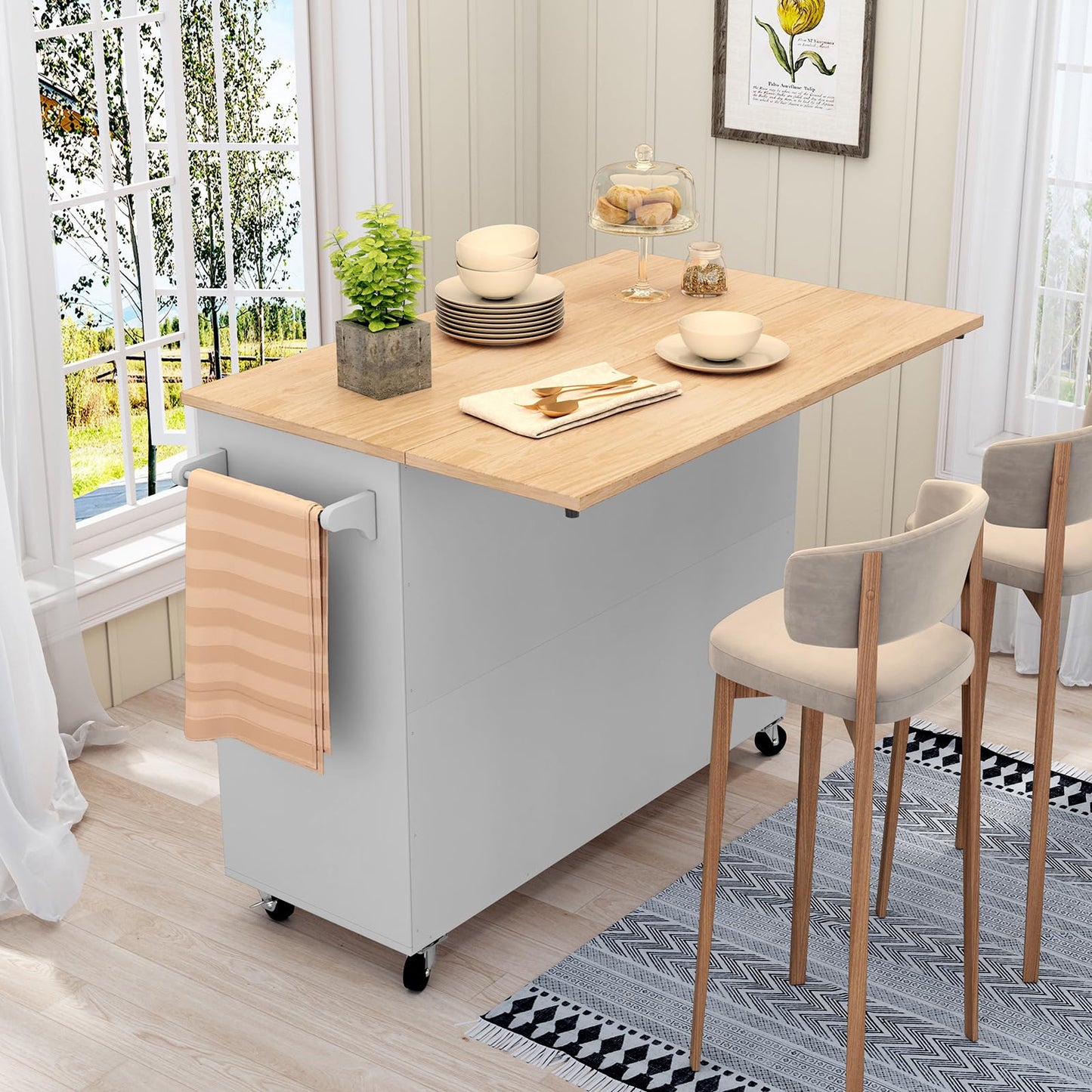 HLR Kitchen Island with Storage, Grey Rolling Kitchen Island on Wheels with Drop-Leaf Bar Countertop, Prep Table with Side Open Spice Rack and Tower Rack, Home Bar Carts with Storage