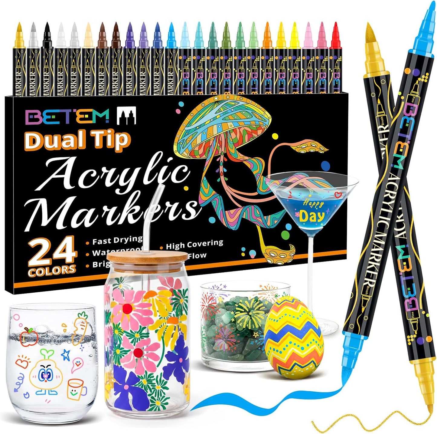 24-Pack Betem Acrylic Paint Pens, Dual Tip Glass Markers, Quick-Drying Acrylic Markers, Paint Pens with Fine & Brush