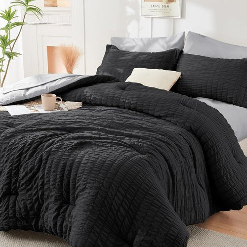 HYMOKEGE California King Comforter Set - 7-Piece All-Season Luxury Bedding in Black & Light Grey