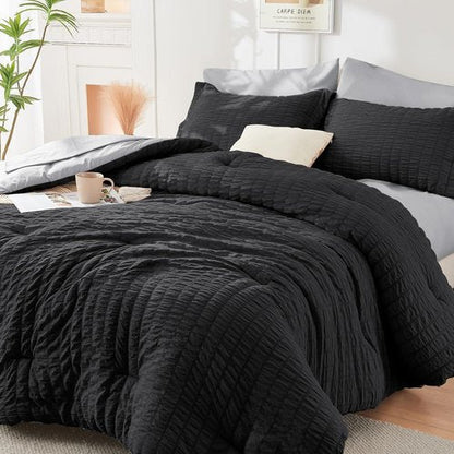 HYMOKEGE California King Comforter Set - 7-Piece All-Season Luxury Bedding in Black & Light Grey
