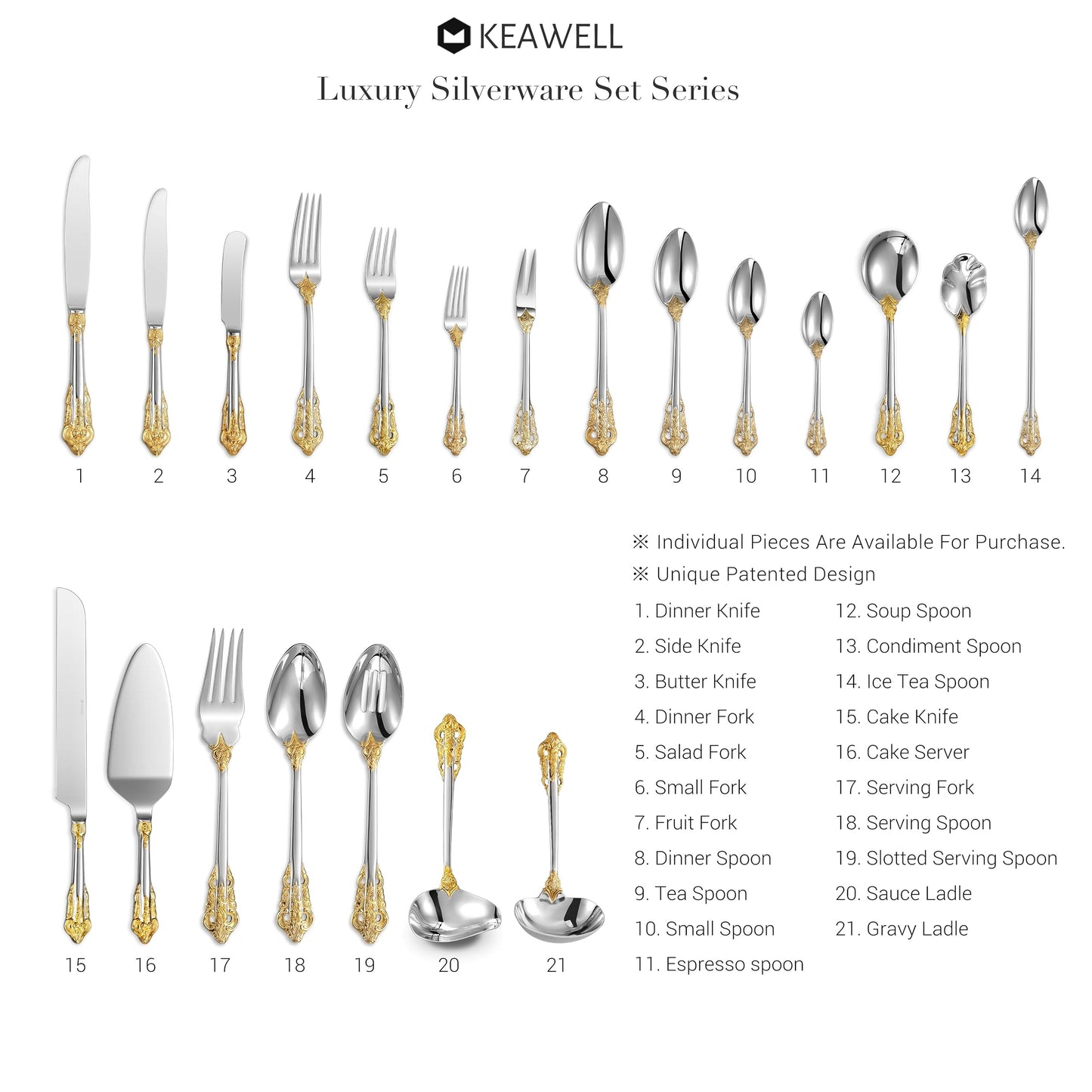 KEAWELL 2-Piece Gorgeous Large Serving Spoon, 18/10 Stainless Steel, Fine Large Serving Spoon, Sturdy Tablespoon, Dishwasher Safe, 9.4" (Gold Accent)