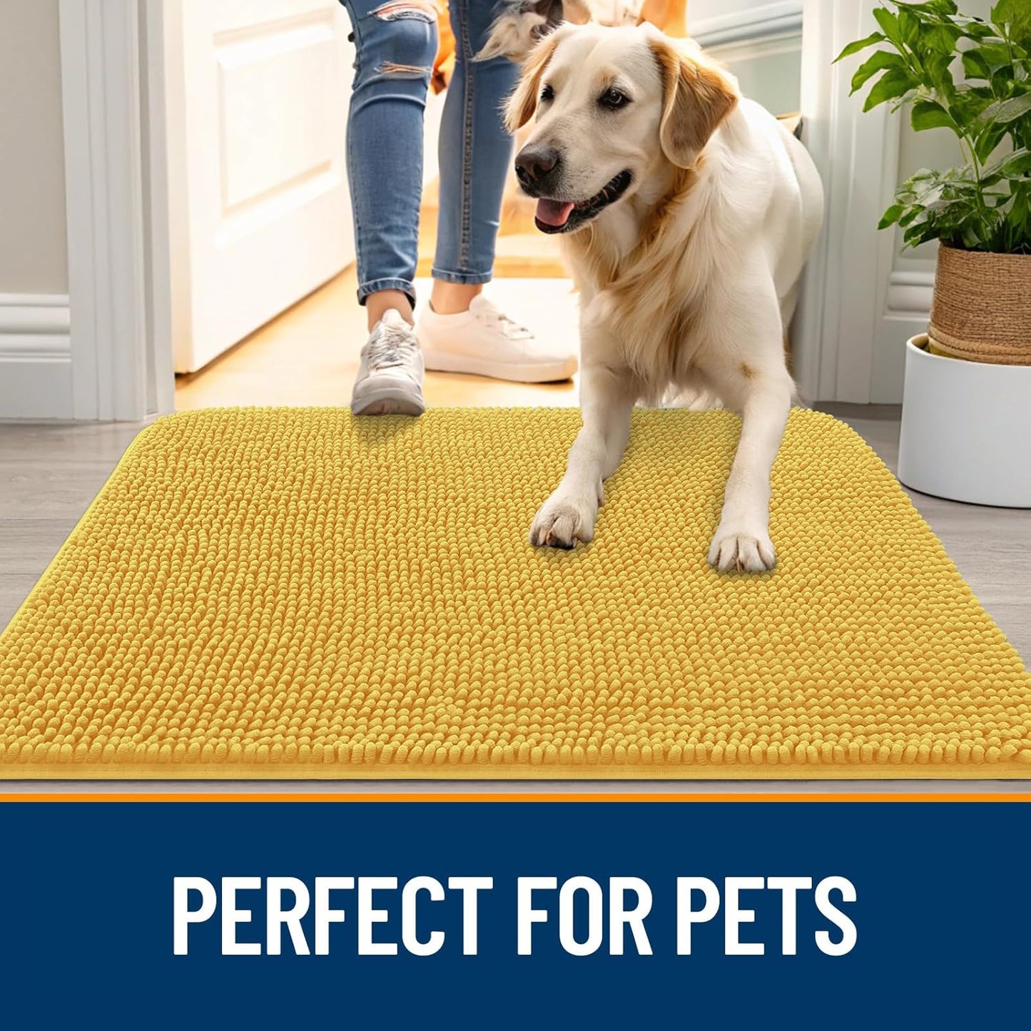 OLANLY Dog Door Mat - Absorbent Non-Slip Washable Doormat for Muddy Paws | 47x24 Yellow Chenille Mat
