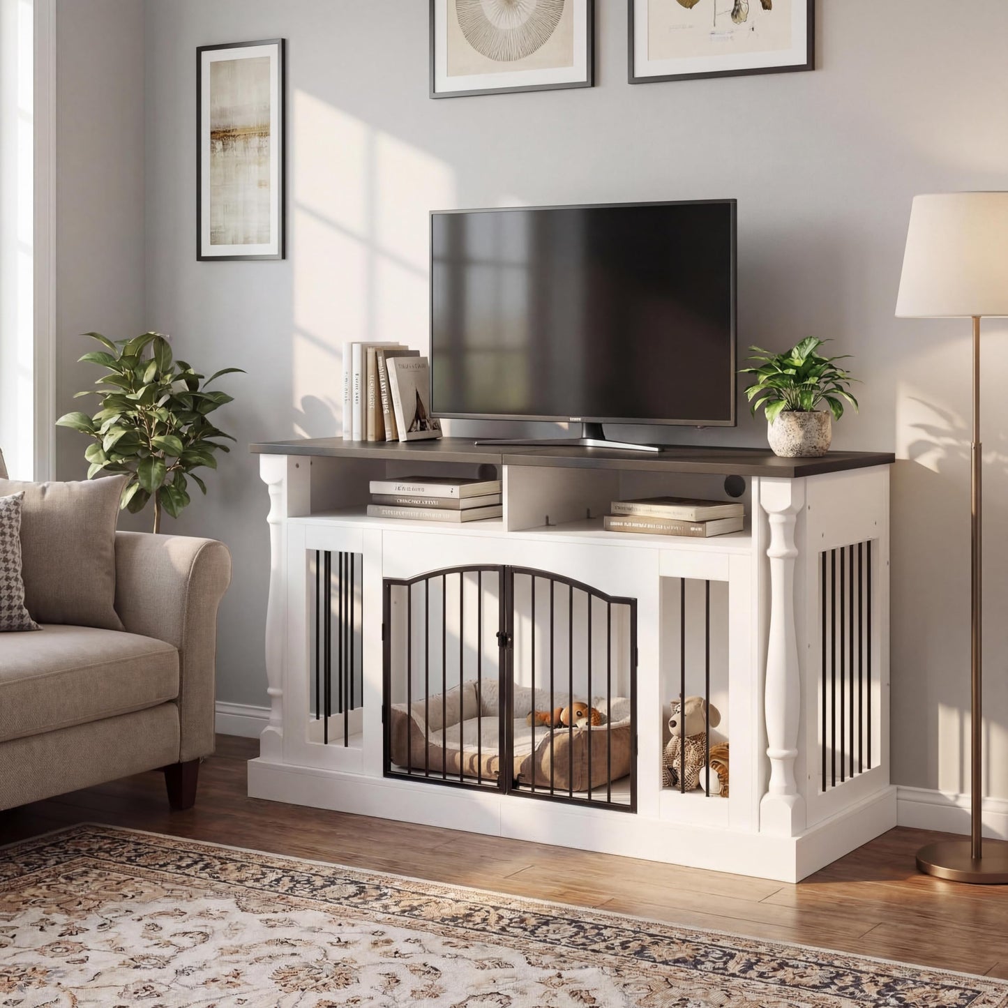 63 Inch Double Dog Crate TV Stand, Heavy Duty Wooden Dog Crate Furniture for 2 Dogs, Dog Kennel Indoor Furniture Ideal for 2 Dogs