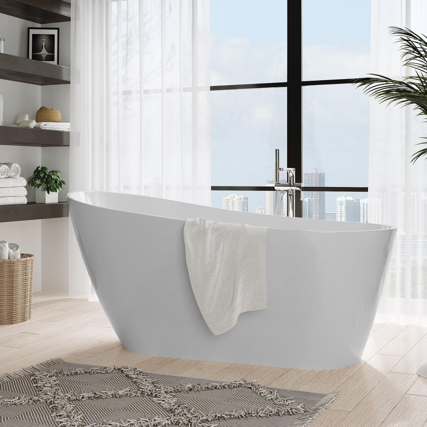 67" Freestanding Bathtub, Black Exterior White Interior Acrylic Stand Alone Soaking Tub, Modern Oval Bath with Ergonomic Design and Chrome Drain for Bathroom Remodel and Home Spa