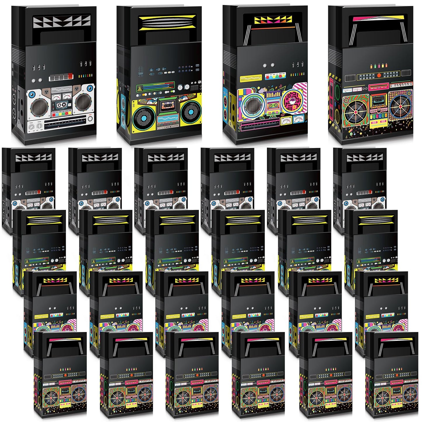 Nezyo 24 Pieces 80s 90s Party Favor Bags Novelty Boom Box Favors Gift Treat Goodie Candy Paper Retro Radio Decorations Table Centerpieces for 1980s Theme Hip Hop Music Birthday Supplies