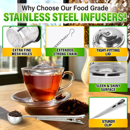 Set of 1 Large Tea Infuser, 2 Small Infuzers & Scoop With Bag Clip - Stainless Steel Infuser for Loose Leaf Tea Steeper Tea Strainers for Loose Tea Diffusers for Loose Tea - Loose Leaf Tea Infuser