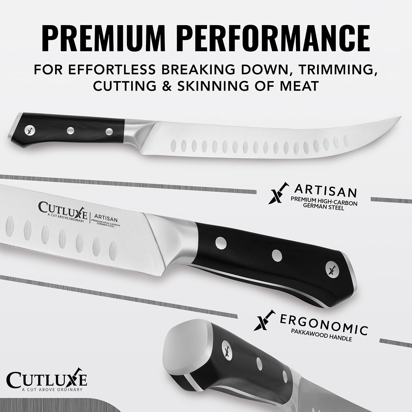 Cutluxe Butcher Knife – 10″ Cimeter Breaking Knife, Razor Sharp Forged High Carbon German Steel, Full Tang Meat Carving Knife, Ergonomic Handle Design, Grilling Gifts for Men – Artisan Series
