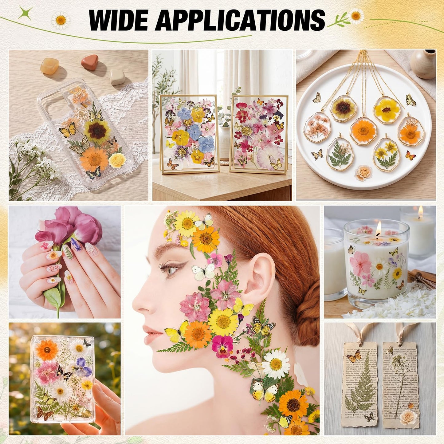 Solsew 160 Pcs Dried Pressed Flowers for Resin Set Natural Pressed Flowers with Butterfly Stickers for Crafts DIY Jewelry Floral Decors Making Nail Art(Wildflower,Light Yellow)