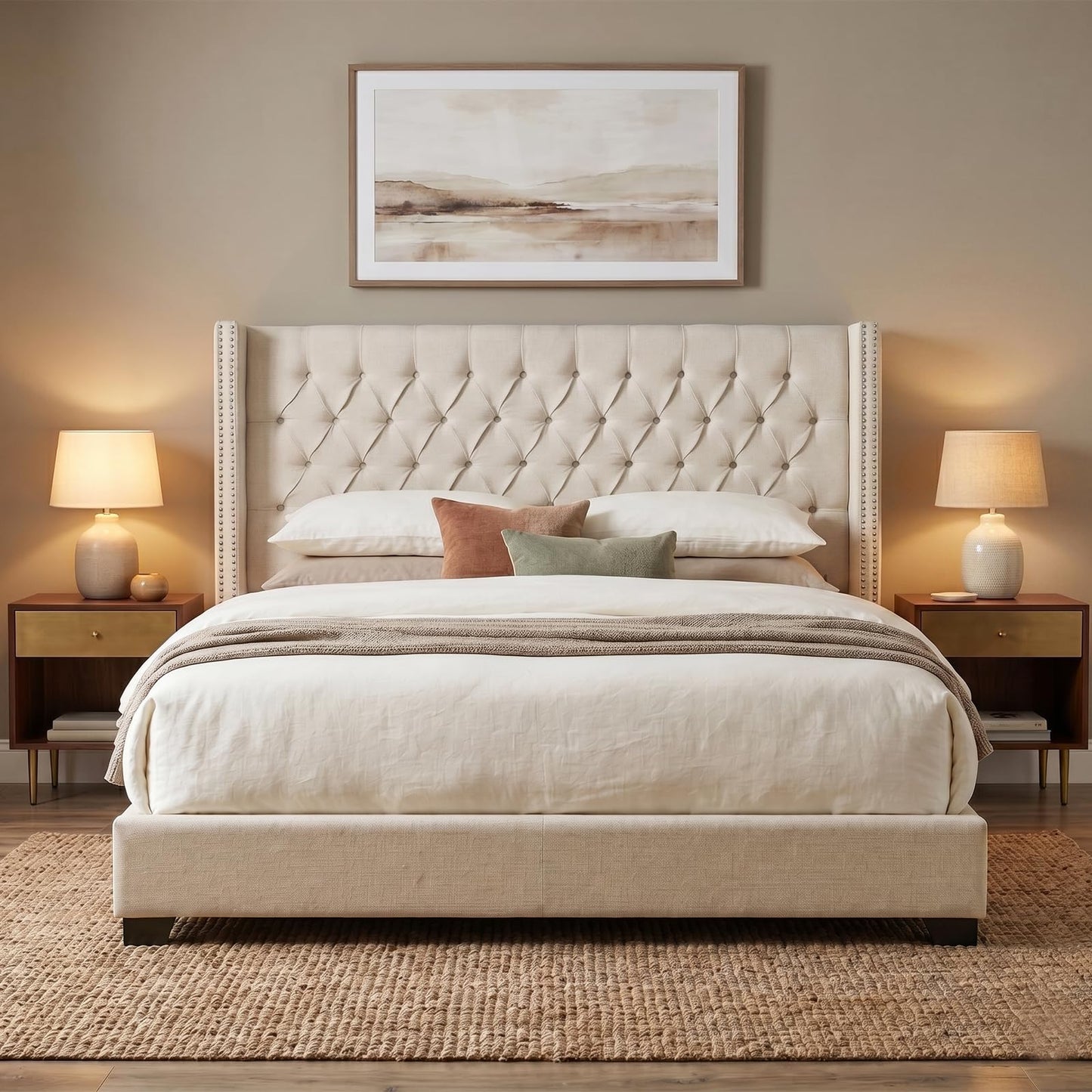 Madison Park Amelia Upholstered Headboard | Nail Head Trim Wingback Button Tufted | Queen, Cream