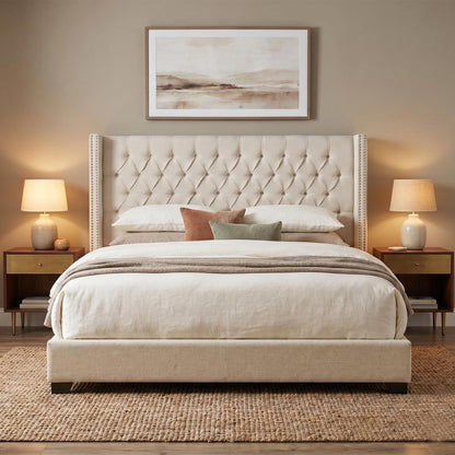 Madison Park Amelia Upholstered Headboard | Nail Head Trim Wingback Button Tufted | Queen, Cream