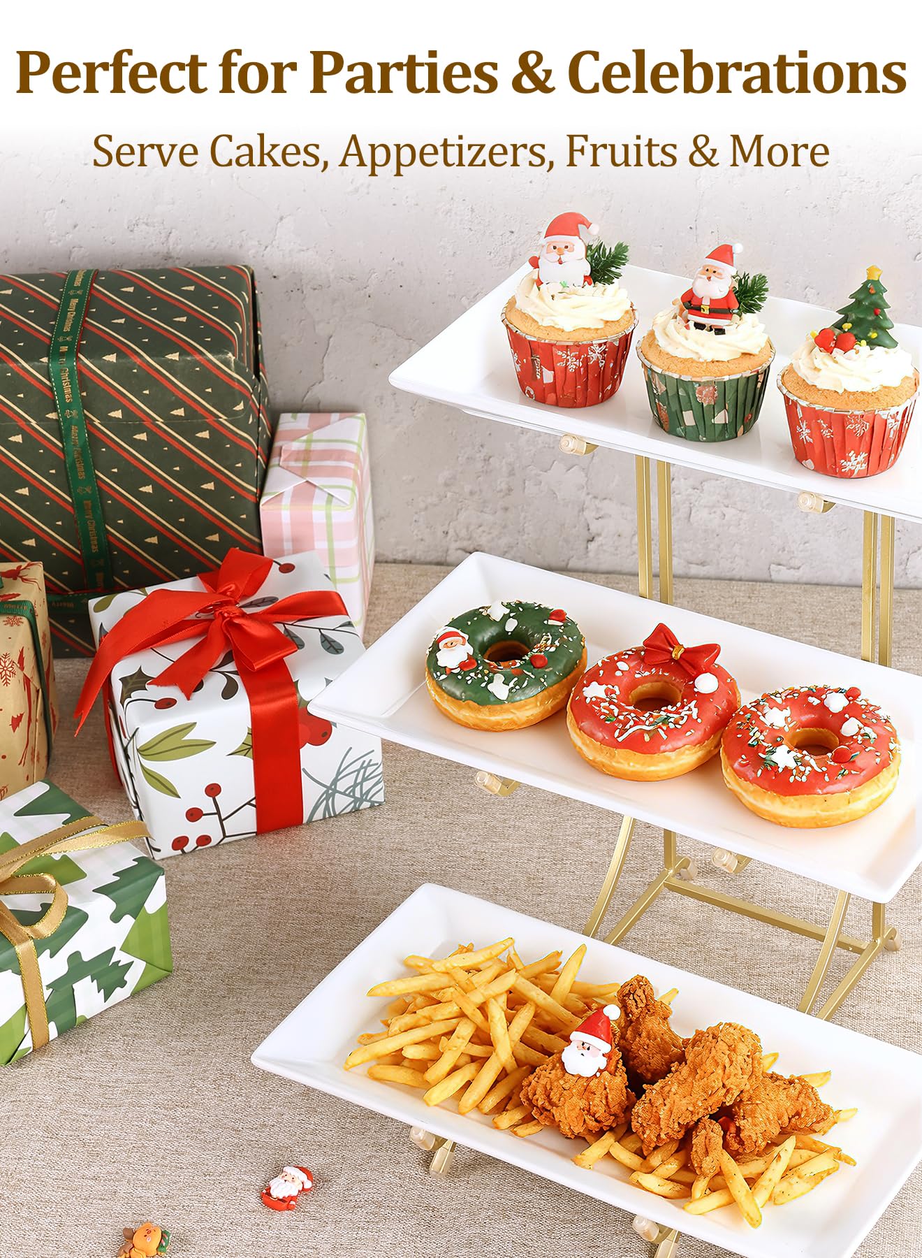 Yedio 3 Tier Serving Tray Set – 12 Inch Porcelain Serving Platters with Pre-Assembled Gold Metal Stand, No Installation Required, Tiered Tray for Dessert Fruit Food Display and Party Entertaining