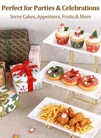 Yedio 3 Tier Serving Tray Set – 12 Inch Porcelain Serving Platters with Pre-Assembled Gold Metal Stand, No Installation Required, Tiered Tray for Dessert Fruit Food Display and Party Entertaining