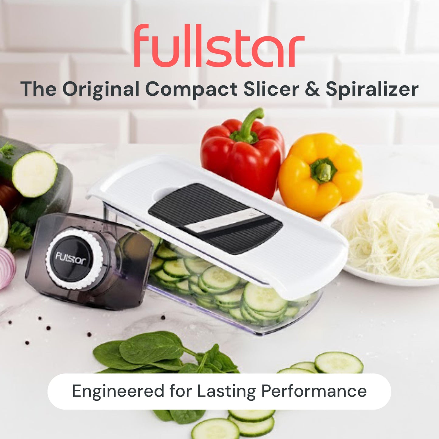 Fullstar Mandoline Slicer for Kitchen, Fruit Cutter, Cheese Grater, Cucumber Slicer, Veggie Spiralizer, Food Cutter & Kitchen Gadgets & Gifts with Safety Glove (6 in 1, White)