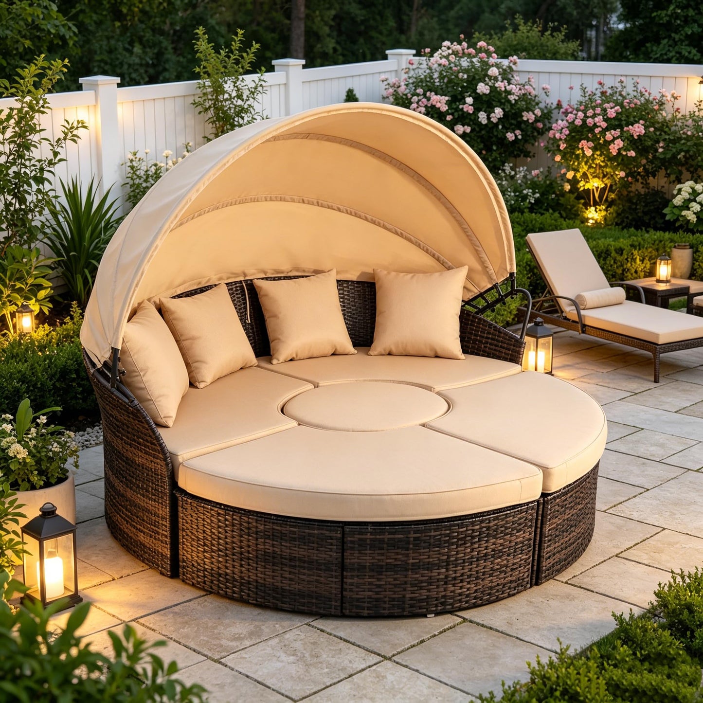 SUNCROWN Outdoor Patio Round Daybed with Retractable Canopy, Brown Wicker Furniture Sectional Couch with Washable Cushions, Backyard, Porch