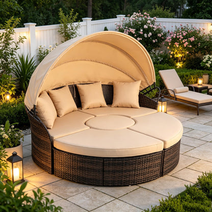 SUNCROWN Outdoor Patio Round Daybed with Retractable Canopy, Brown Wicker Furniture Sectional Couch with Washable Cushions, Backyard, Porch