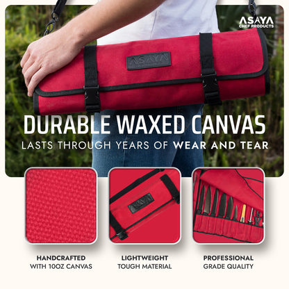 Asaya Waxed Canvas Chef Knife Roll Bag with 10 Slots and a Zipper Pocket - Professional Chef Knife Bag & Storage Case, with Shoulder Strap - Knives Not Included (Red)