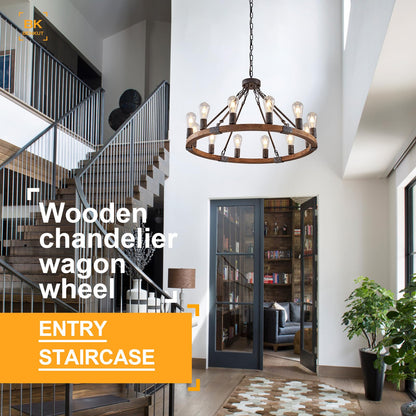 Benkut Farmhouse Wagon Wheel Chandelier 31" Black Rustic Light Fixtures 12-Light Wood Round Chandelier for Dining Room Living Room Entryway Foyer