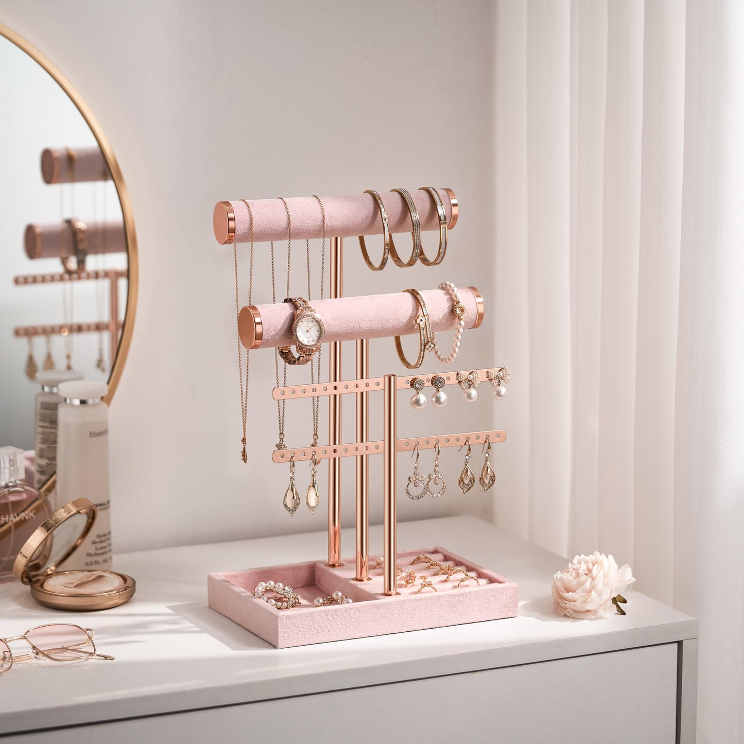 bussdis 3 Tier Bracelet Holder Display - Detachable T Bar Pink Velvet Bracelet Holder, Jewelry Holder Organizer for Bracelet, Necklace, Earrings, Rings