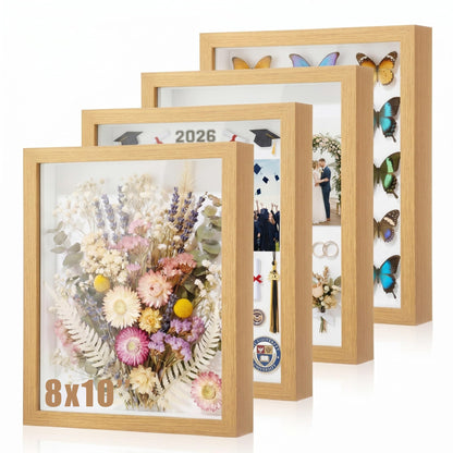 Anglechic 4 Pack 8x10 Shadow Box Frame Display Cases Wood Deep Shadow Box with Soft Felt Back for Graduation Memorabilia Wedding Bouquet Dried Flowers DIY Craft Medals Photos(Natural Wood Color)