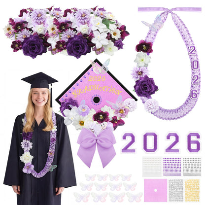 Dunzoom 100 Pcs DIY Purple Graduation Leis and Cap Decorations Kit 55''Double Braided Graduation Ribbon Lei Artificial Flower 3D Butterfly Glitter Paper Grad Cap Topper Accessory for 2026 Grad