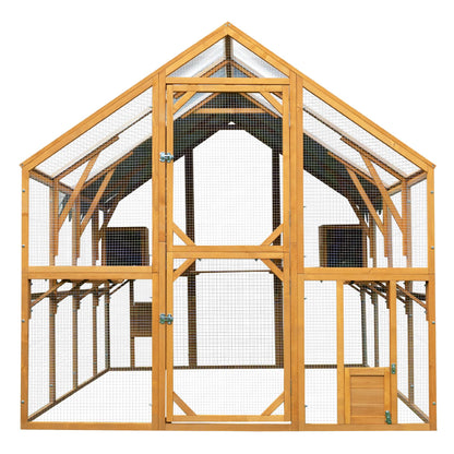 KEIKI 110" L Outdoor Large Chicken Coop with Waterproof Cover, Roosting Platform, Wire Mesh & 2 Lift Small Doors with Locks, Wood Chicken Coop House for Cat Kitten, Duck, Rabbit, Quail Playpen