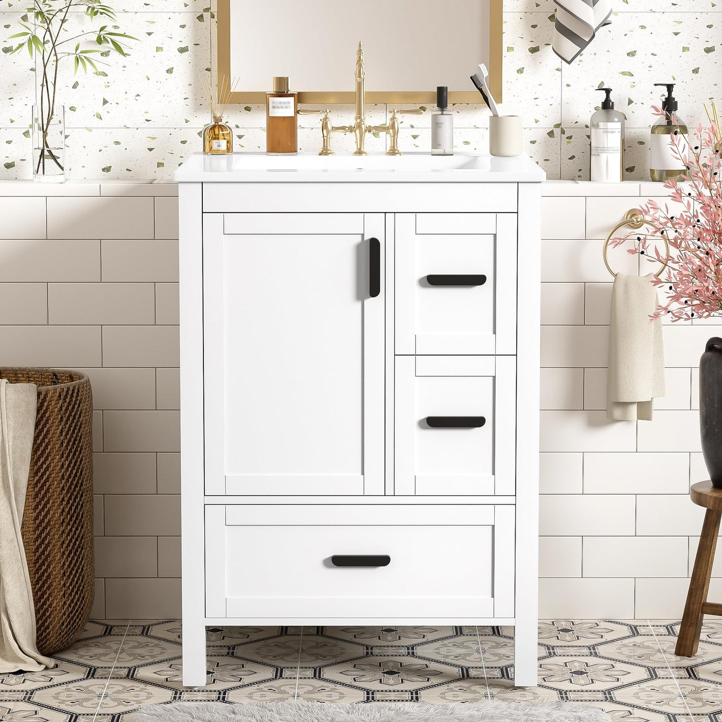 Favfurish 24" Bathroom Vanity with Ceramic Sink,Freestanding Bathroom Vanities with Soft-Closing Door and Double-Layer Door Shelf,Modern Bath Storage Cabinet w/ 3 Drawers,White