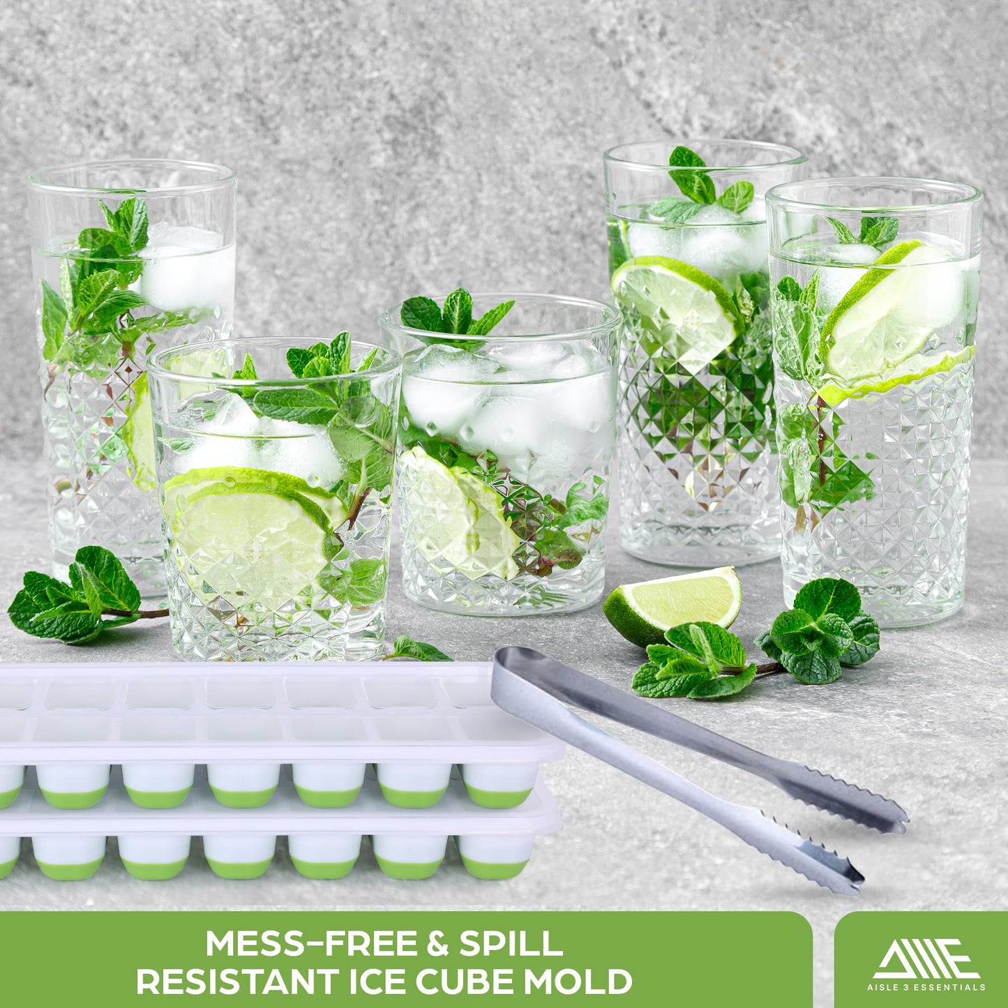 AISLE 3 ESSENTIALS Ice Cube Tray Set – 4 Silicone Trays with Lids, Ice Bucket, Scooper & Tongs – Reusable BPA-Free Ice Maker for Freezer, Cocktails, Whiskey, Coffee, Baby Food & Kitchen Storage