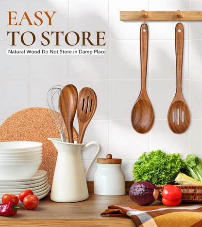 2Pcs Wooden Spoons for Cooking, Natural Premium Teak Wooden Spoon & Slotted Spoon, Good Grip Large Cooking Spoons Spatula, Heat Resistant Wooden Kitchen Cooking Utensils Set for Nonstick Cookware