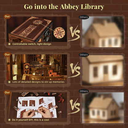 MiniCity Book Nook Kit, DIY Miniature Dollhouse Booknook Kit, 3D Wooden Puzzle Bookend Bookshelf Insert Decor with LED Light for Teens and Adults (Abbey Library)