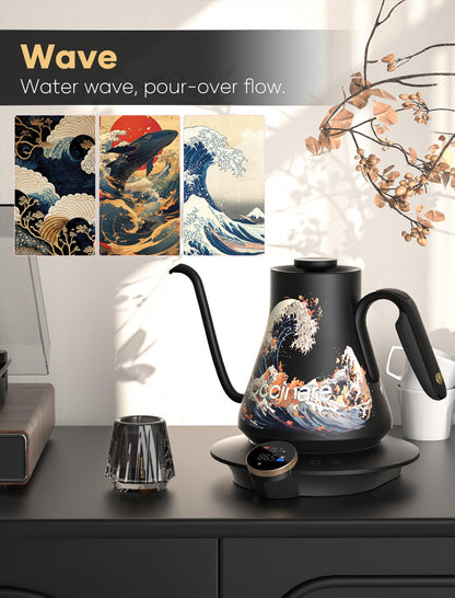 Cocinare Gooseneck Electric Kettle, ±0.5°F Precise Temperature Control, 1500W Fast Heating, Pour-Over Coffee & Tea, Stainless Steel, 0.9L (Artisan Wave Design)