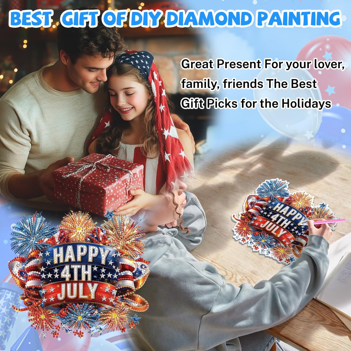 Bowetile 5D Independence Day Diamond Art Hanging Kits for Adults, 4th of July Fireworks Diamond Painting Window Pendant Kits, Special Shape Gem Art Suncatcher Patriotic Ornament for Home Wall Decor