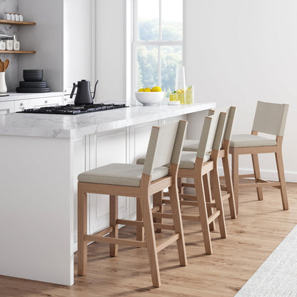 Nathan James Linus Modern Upholstered Counter Height Bar Stool with Back and Solid Rubberwood Legs in a Wire-Brushed Light Brown Finish, Natural Flax/Brown, Set of 4