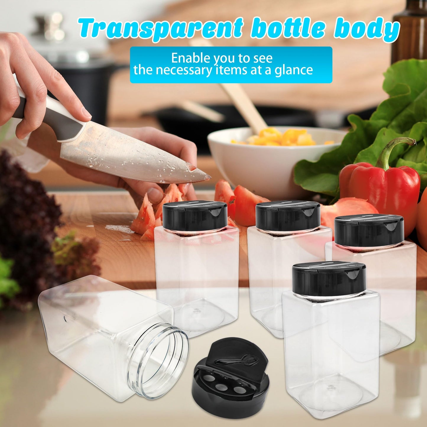 Conagel 20 Pack 9 oz Plastic Spice Jars with Black Cap Clear Empty Square Plastic Spice Bottle Large Empty Seasoning Containers for Storing Spice Seasoning Powders