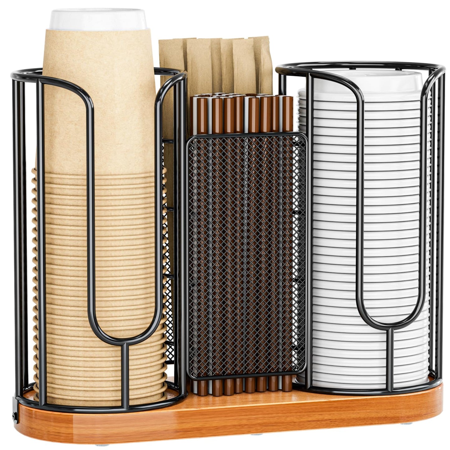 Coffee Cup and Lids Holder - Disposable Cups Straws Organizer with Wooden Base - Paper Plastic Cup Holder Dispenser Storage for Countertop Coffee Station Bar Restaurant Office Breakroom Shop Kitchen