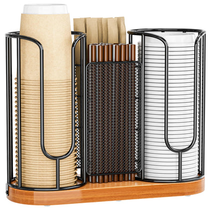 Coffee Cup and Lids Holder - Disposable Cups Straws Organizer with Wooden Base - Paper Plastic Cup Holder Dispenser Storage for Countertop Coffee Station Bar Restaurant Office Breakroom Shop Kitchen