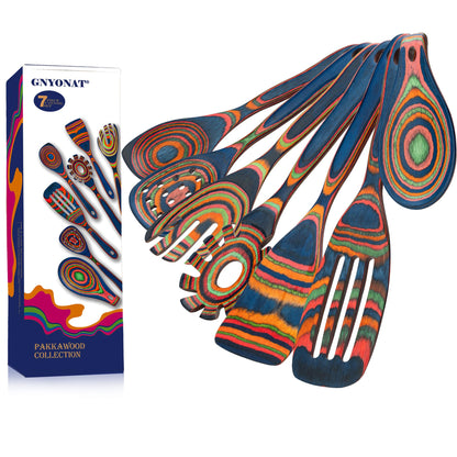 Pakkawood Blue Wooden Kitchen Utensil Set, 7-Piece Cooking Spoons, Non-Stick Colorful Serving Tools with Decorative Pattern
