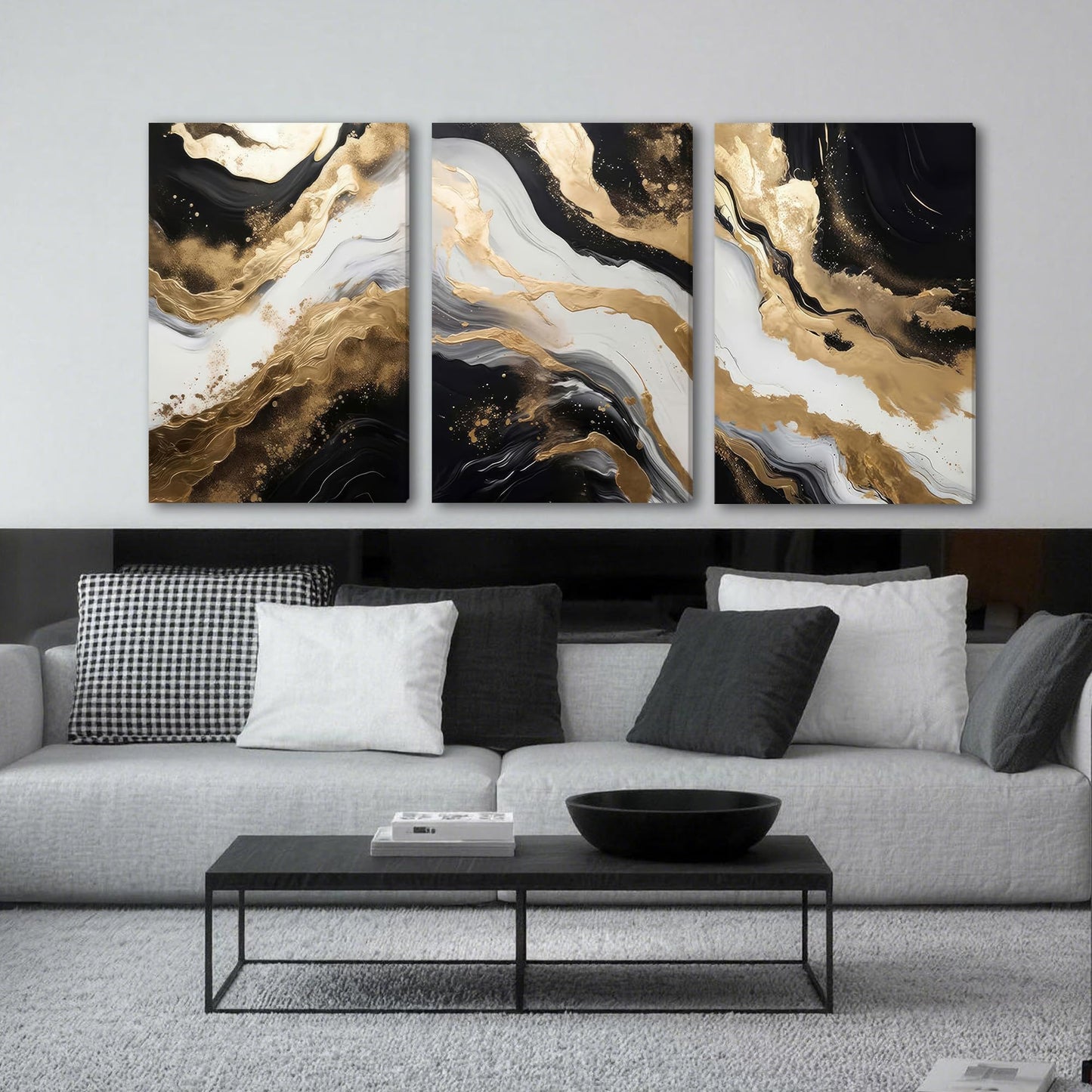 Palette Dreams 3 Piece Framed Black And White Abstract Canvas Wall Art, Black Gold Canvas Black Marble Picture Wall Decor, Modern Gold Foil Art Poster Print for Living Room Bedroom Bathroom 20x30 Inch